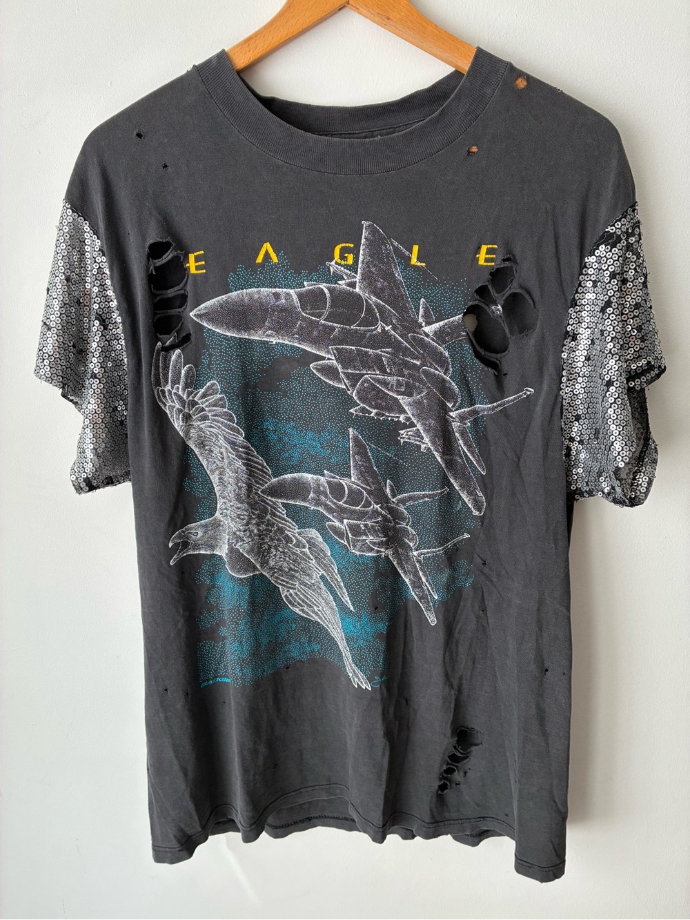 Furst of a Kind Women’s Eagle F-15 Graphic Tee Sequin Sleeve Distressed Black